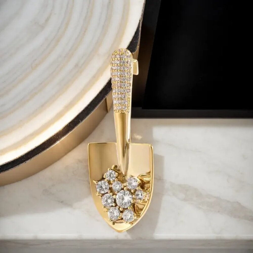 Gold Digger Shovel Brooch Pin Funny Rhinestone Retro Novelty Jewelry  Gift